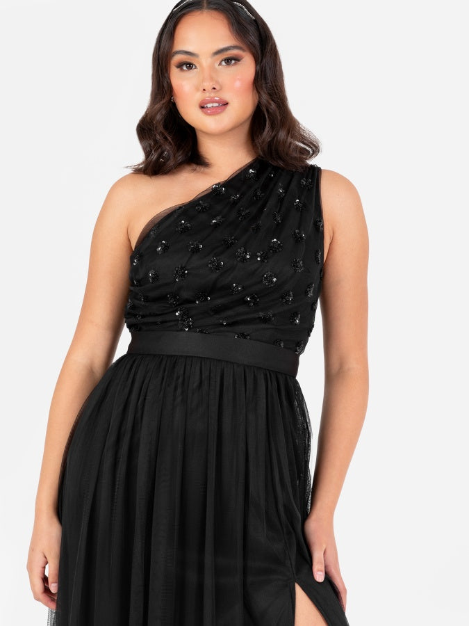 Maya Black Floral Embellished One Shoulder Maxi Dress with Sash Belt