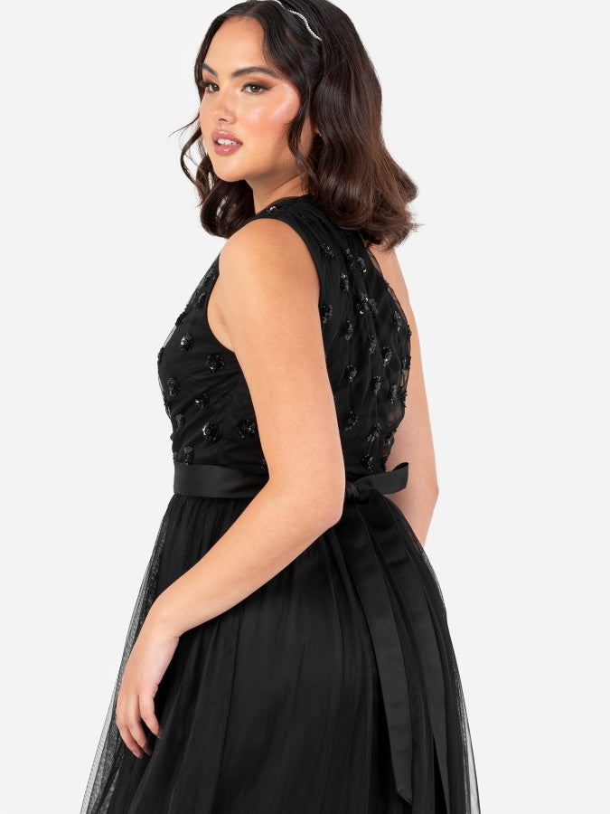 Maya Black Floral Embellished One Shoulder Maxi Dress with Sash Belt