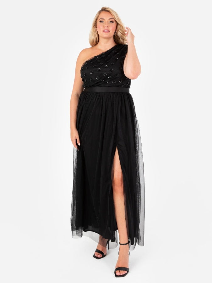 Maya Black Floral Embellished One Shoulder Maxi Dress with Sash Belt