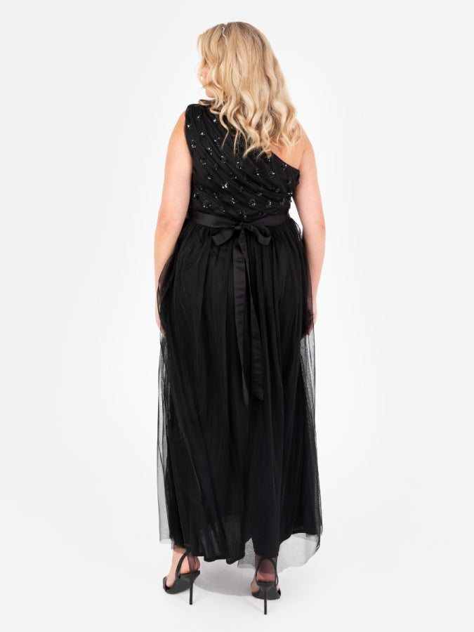 Maya Black Floral Embellished One Shoulder Maxi Dress with Sash Belt