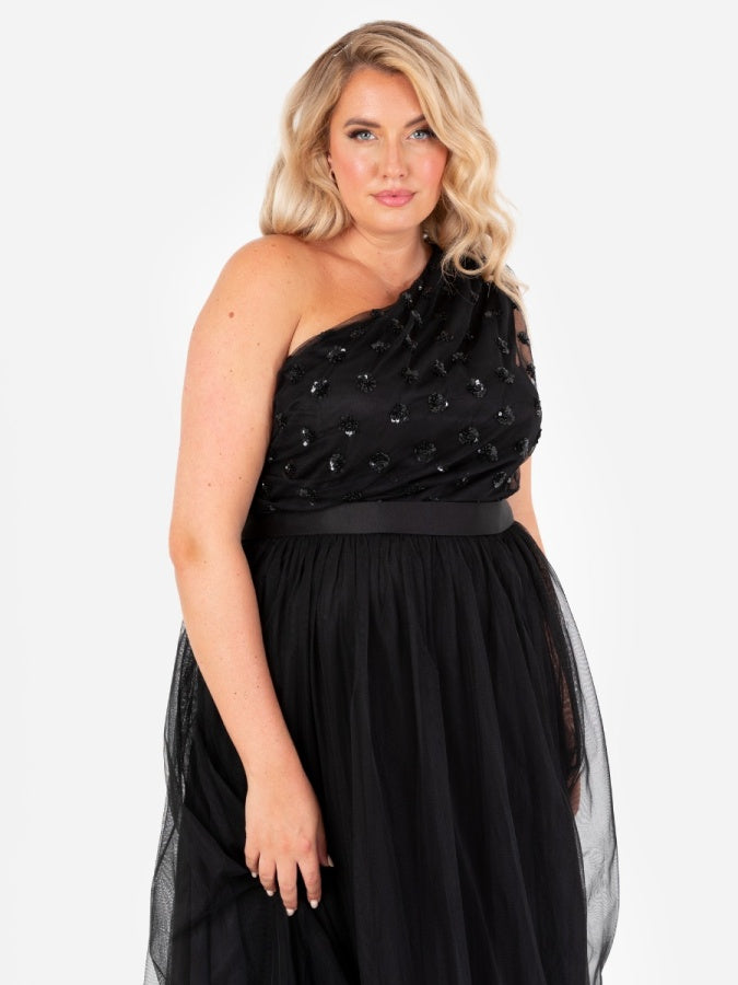 Maya Black Floral Embellished One Shoulder Maxi Dress with Sash Belt