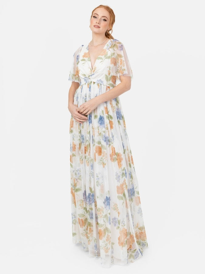 Anaya With Love Recycled Floral Ivory Twist Detail Maxi Dress