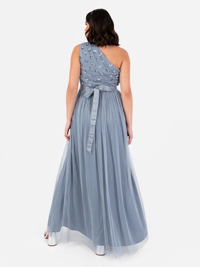 Maya Dusty Blue Floral Embellished One Shoulder Maxi Dress with Sash Belt
