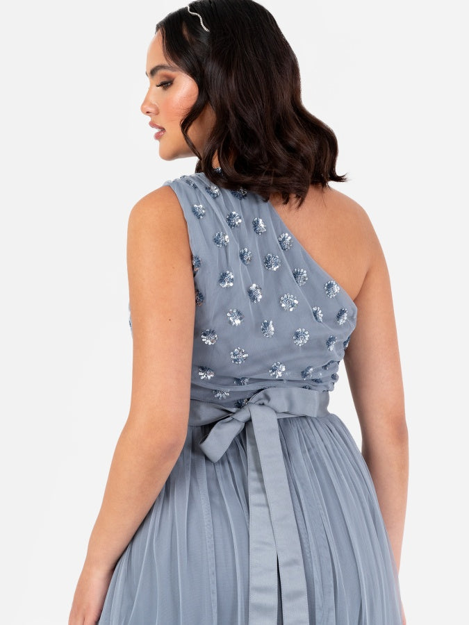 Maya Dusty Blue Floral Embellished One Shoulder Maxi Dress with Sash Belt