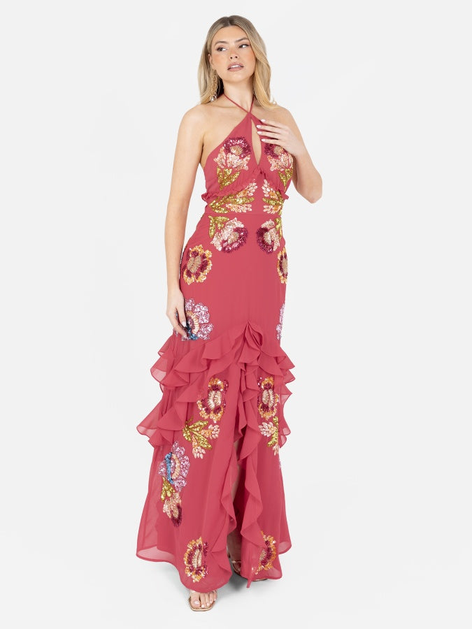 Maya Hot Pink Floral Embellished Halter Neck Maxi Dress