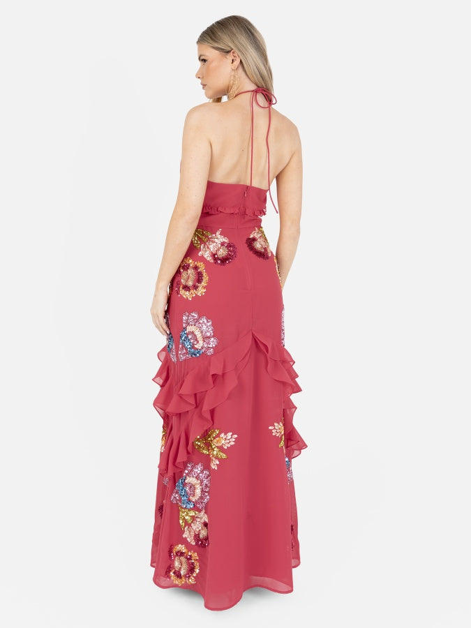 Maya Hot Pink Floral Embellished Halter Neck Maxi Dress