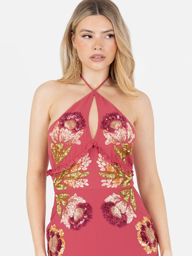 Maya Hot Pink Floral Embellished Halter Neck Maxi Dress