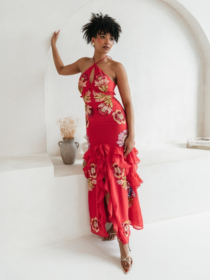 Maya Hot Pink Floral Embellished Halter Neck Maxi Dress