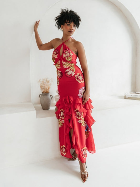 Maya Hot Pink Floral Embellished Halter Neck Maxi Dress