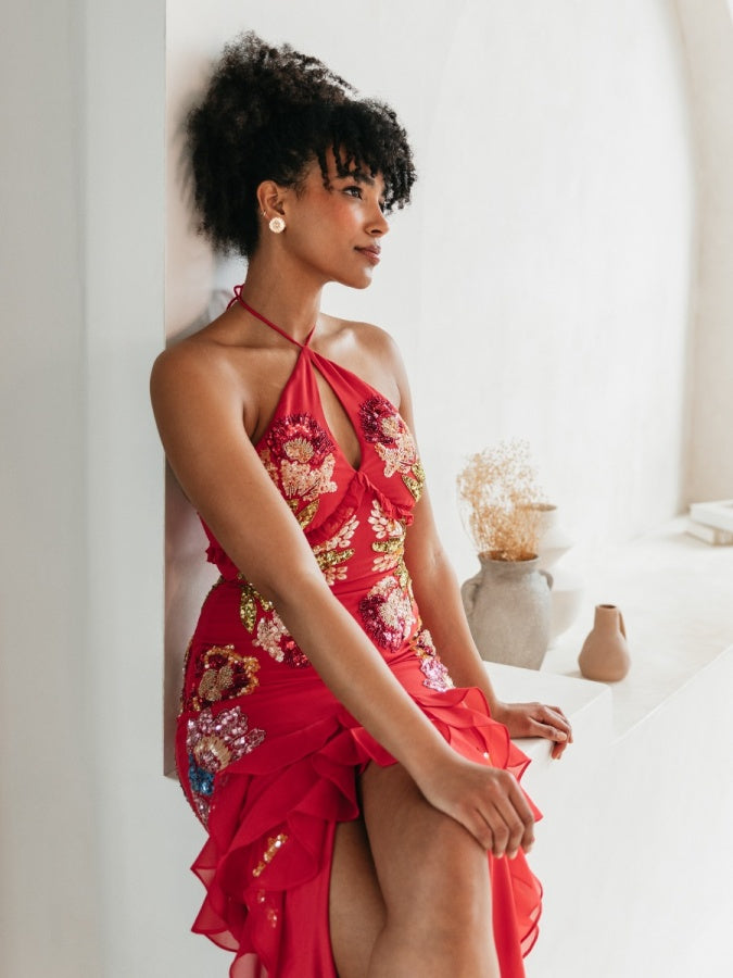 Maya Hot Pink Floral Embellished Halter Neck Maxi Dress