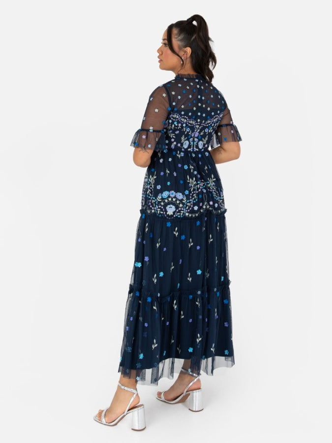 Maya Navy Embroidered Half Sleeve Midi Dress