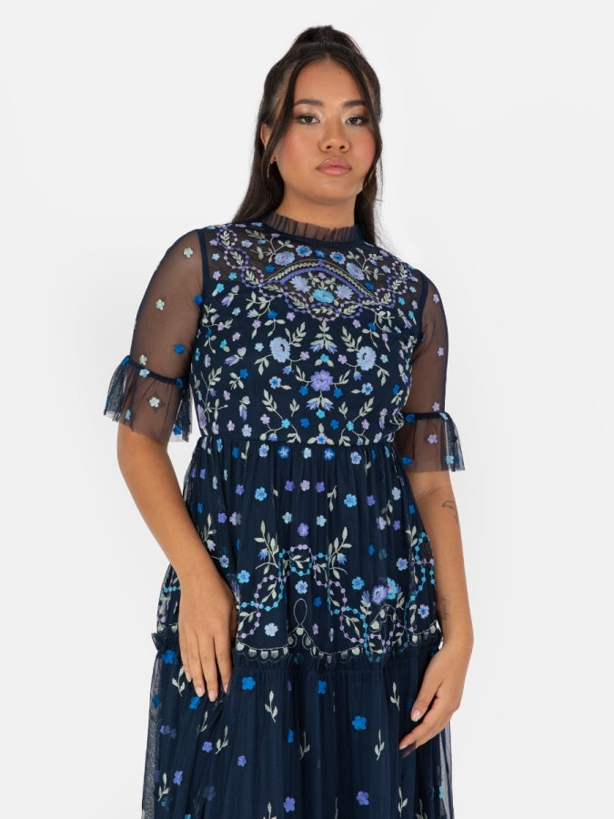 Maya Navy Embroidered Half Sleeve Midi Dress