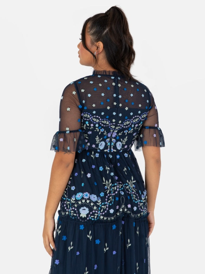 Maya Navy Embroidered Half Sleeve Midi Dress