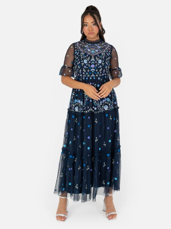 Maya Navy Embroidered Half Sleeve Midi Dress
