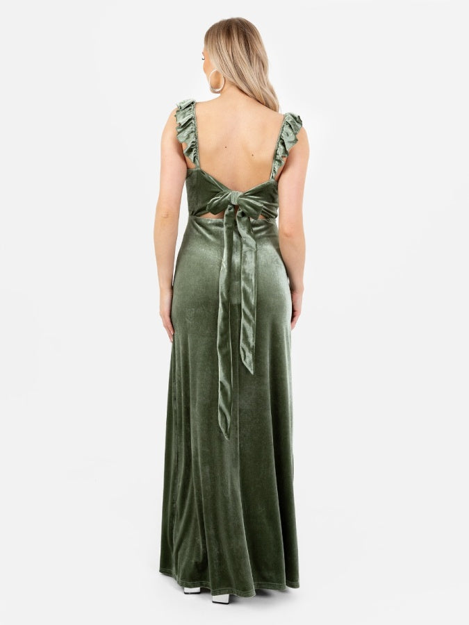 Maya Velvet Moss Green Strappy Tie Back Maxi Dress