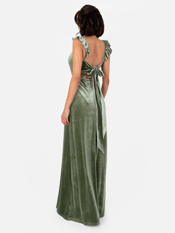 Maya Velvet Moss Green Strappy Tie Back Maxi Dress