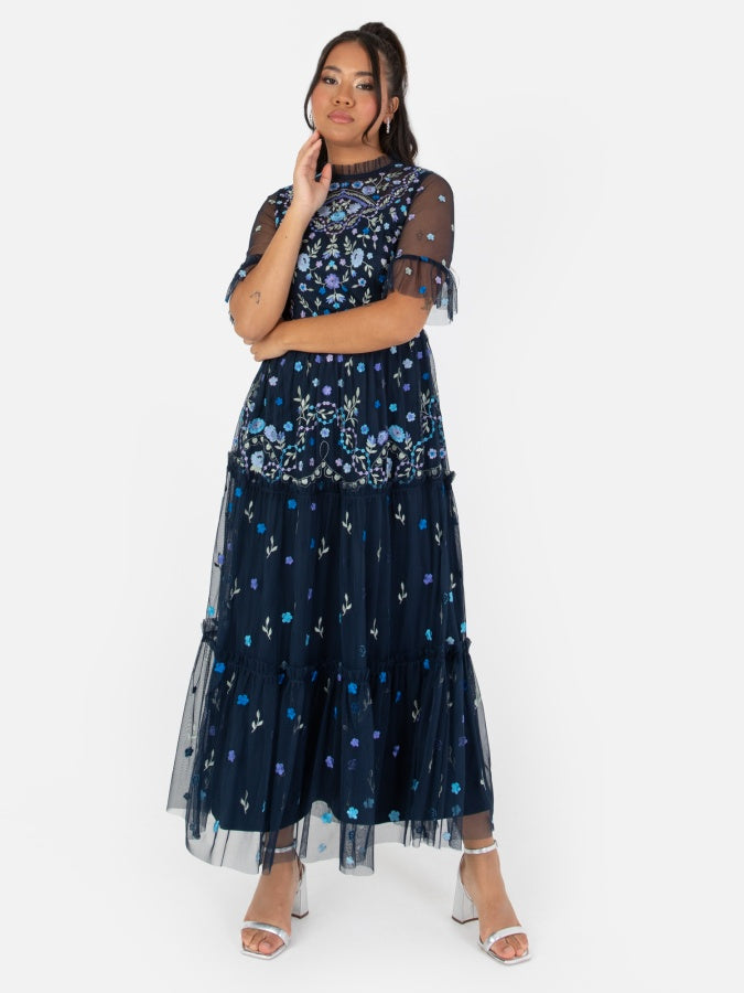 Maya Navy Embroidered Half Sleeve Midi Dress