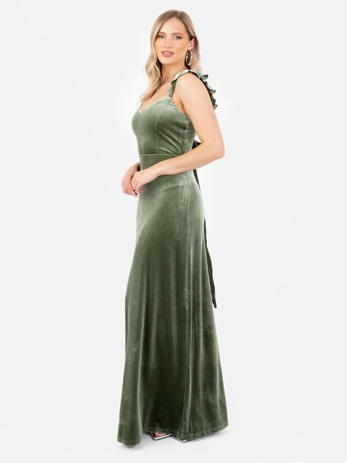 Maya Velvet Moss Green Strappy Tie Back Maxi Dress