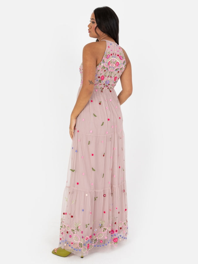 Maya Frosted Pink Halter Neck Embroidered Tiered Maxi Dress