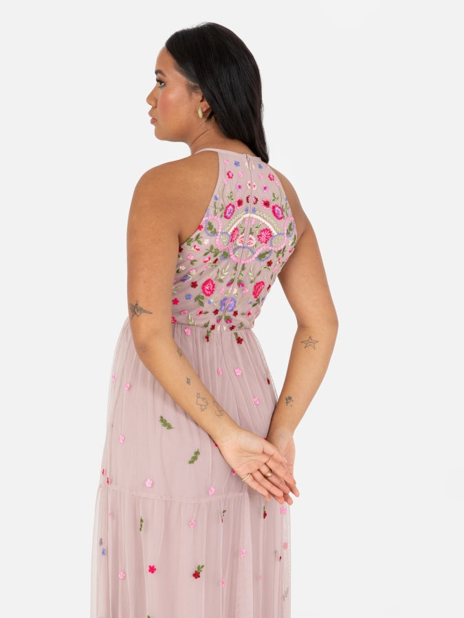 Maya Frosted Pink Halter Neck Embroidered Tiered Maxi Dress