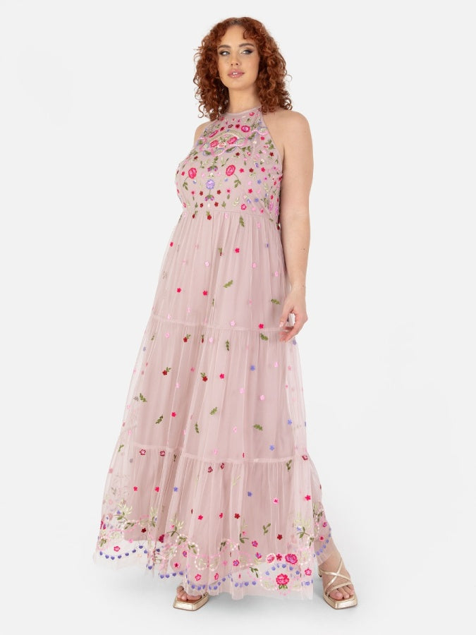 Maya Frosted Pink Halter Neck Embroidered Tiered Maxi Dress