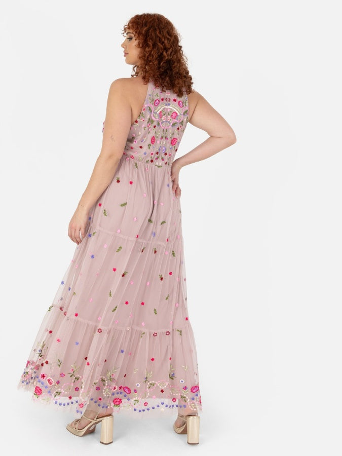 Maya Frosted Pink Halter Neck Embroidered Tiered Maxi Dress