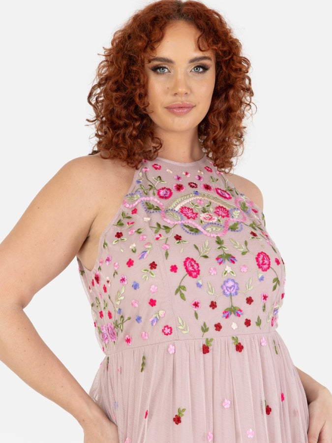 Maya Frosted Pink Halter Neck Embroidered Tiered Maxi Dress