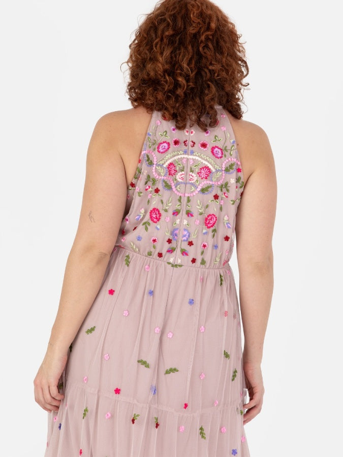 Maya Frosted Pink Halter Neck Embroidered Tiered Maxi Dress
