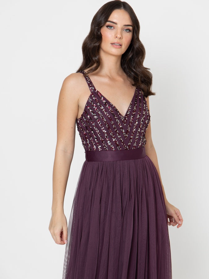 Maya Berry Sleeveless Stripe Embellished Maxi Dress