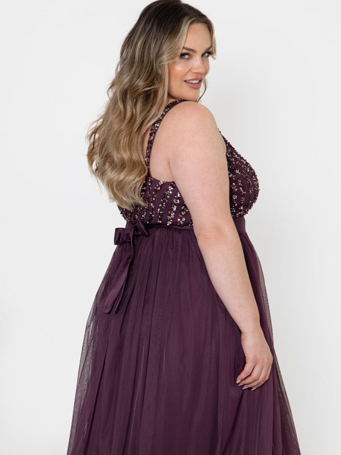 Maya Berry Sleeveless Stripe Embellished Maxi Dress