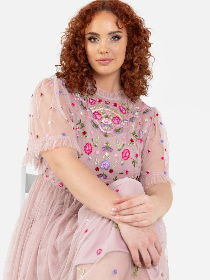 Maya Frosted Pink Embroidered Short Sleeve Midaxi Dress