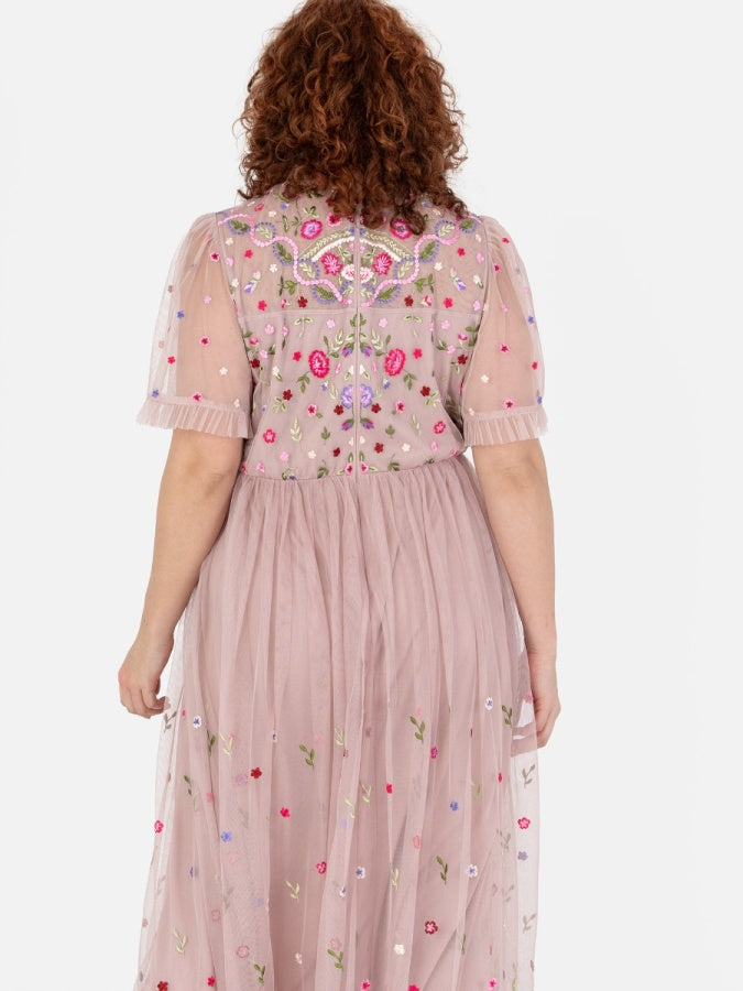 Maya Frosted Pink Embroidered Short Sleeve Midaxi Dress