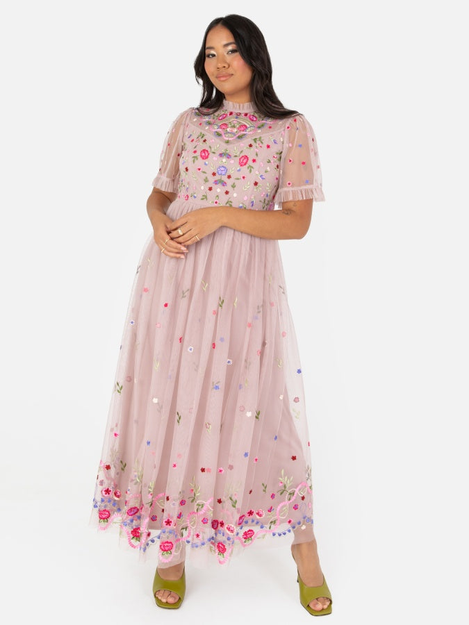 Maya Frosted Pink Embroidered Short Sleeve Midaxi Dress