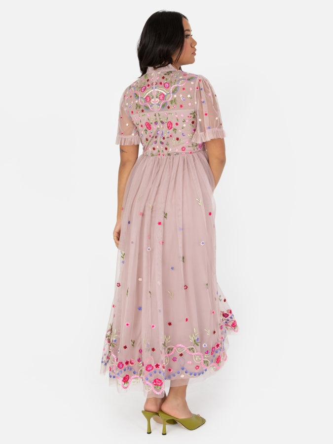 Maya Frosted Pink Embroidered Short Sleeve Midaxi Dress