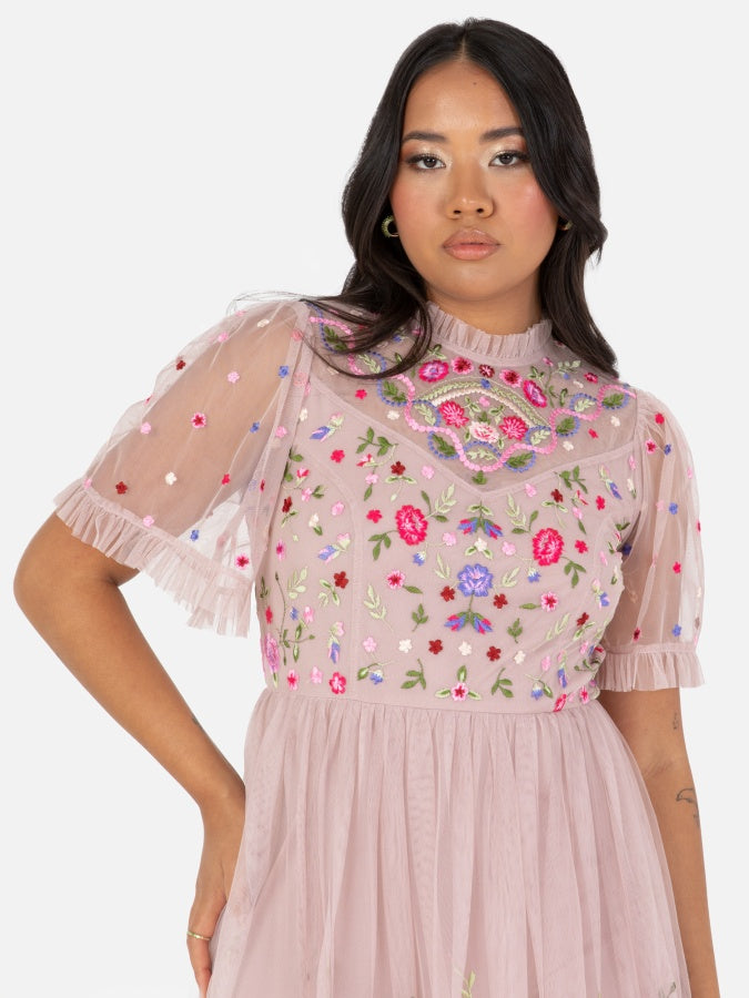Maya Frosted Pink Embroidered Short Sleeve Midaxi Dress