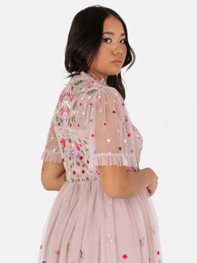 Maya Frosted Pink Embroidered Short Sleeve Midaxi Dress