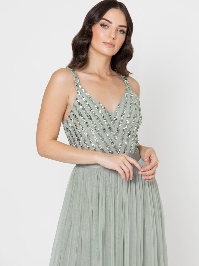 Maya Sage Green Sleeveless Stripe Embellished Maxi Dress