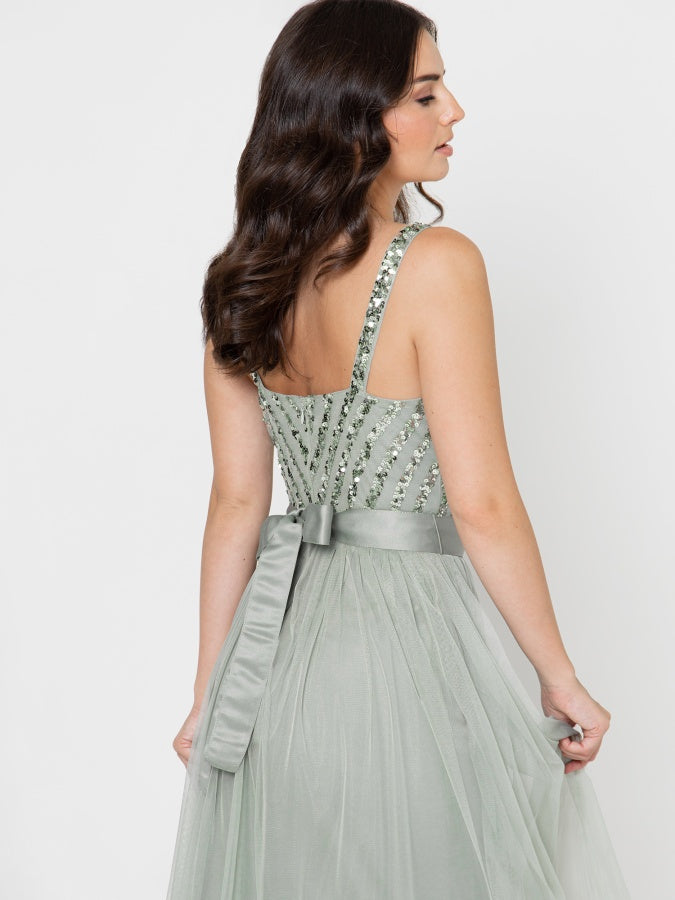 Maya Sage Green Sleeveless Stripe Embellished Maxi Dress