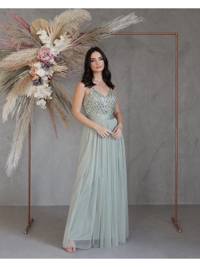 Maya Sage Green Sleeveless Stripe Embellished Maxi Dress