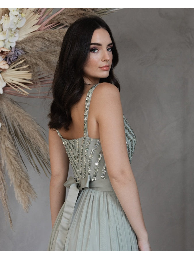 Maya Sage Green Sleeveless Stripe Embellished Maxi Dress