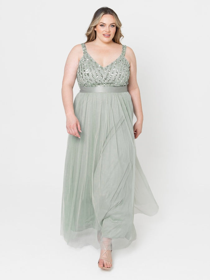Maya Sage Green Sleeveless Stripe Embellished Maxi Dress