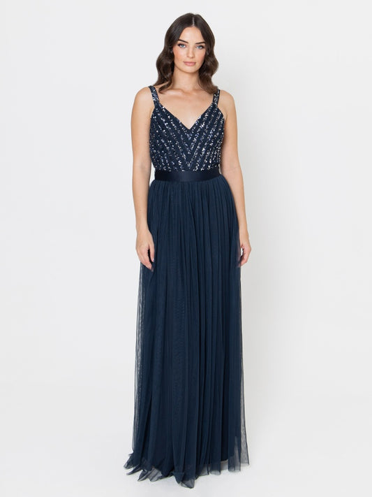 Maya Navy Sleeveless Stripe Embellished Maxi Dress