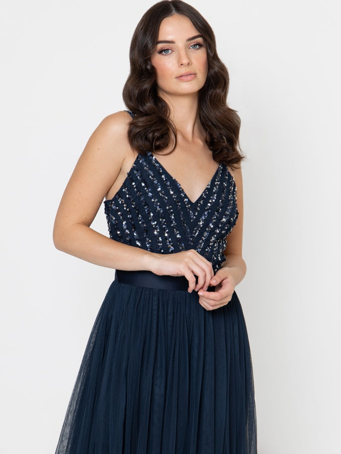 Maya Navy Sleeveless Stripe Embellished Maxi Dress