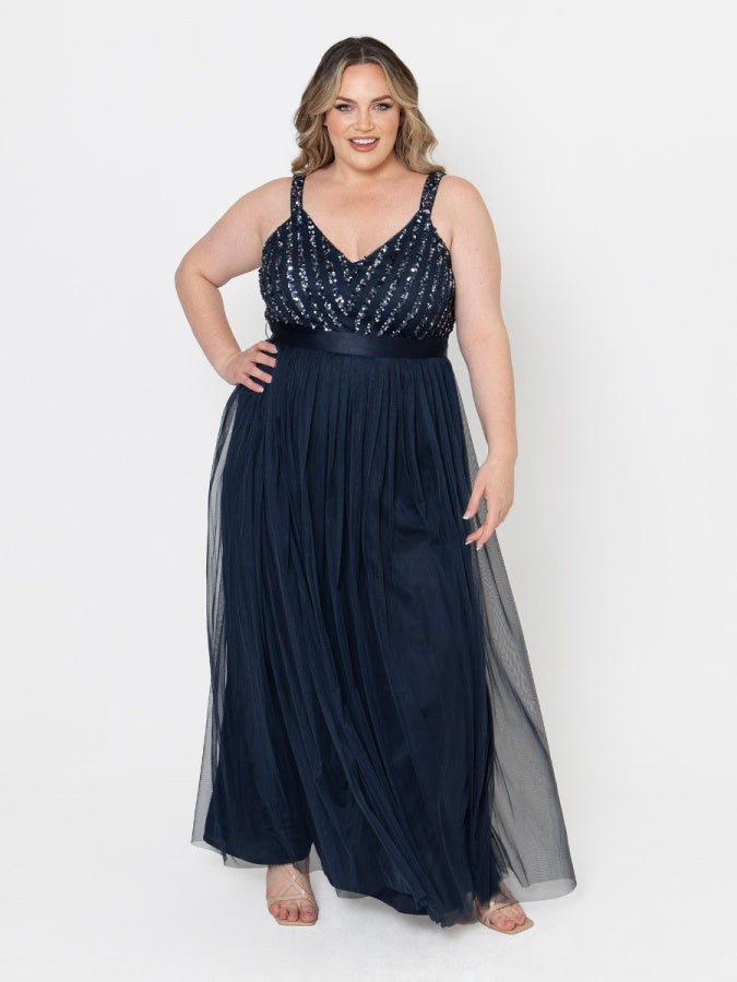 Maya Navy Sleeveless Stripe Embellished Maxi Dress
