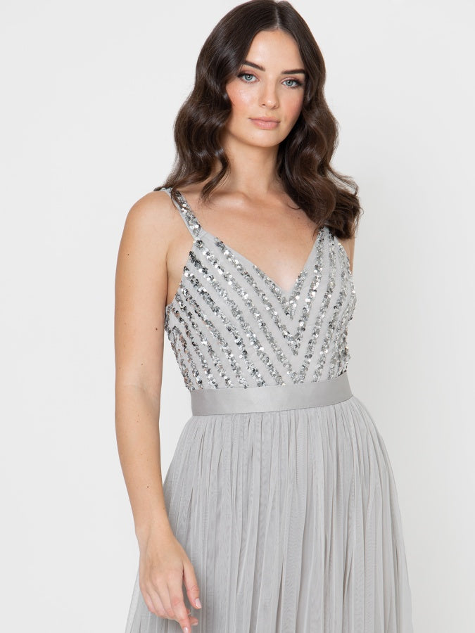 Maya Soft Grey Sleeveless Stripe Embellished Maxi Dress Maya Deluxe Maya Soft Grey Sleeveless Stripe Embellished Maxi Dress Maya Deluxe