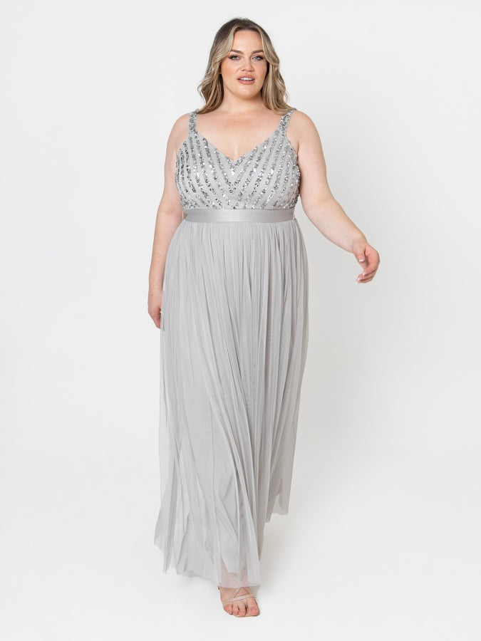 Maya Soft Grey Sleeveless Stripe Embellished Maxi Dress
