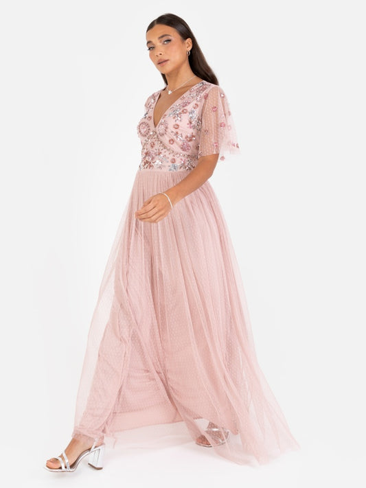 Maya Blush Floral Embellished Spot Mesh Maxi Dress