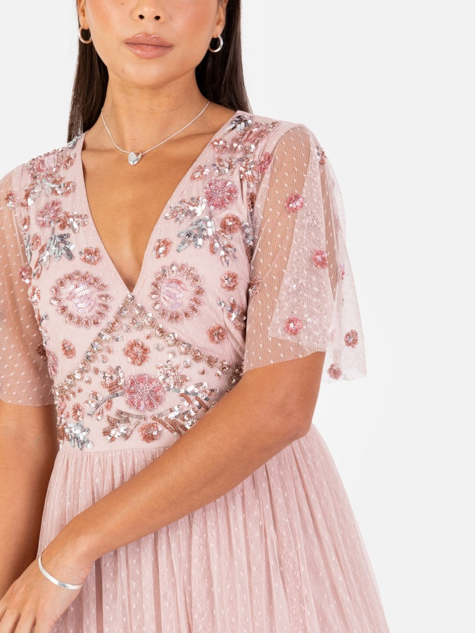 Maya Blush Floral Embellished Spot Mesh Maxi Dress