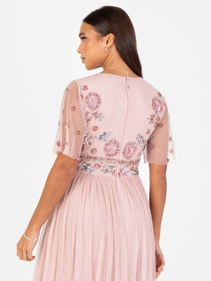 Maya Blush Floral Embellished Spot Mesh Maxi Dress