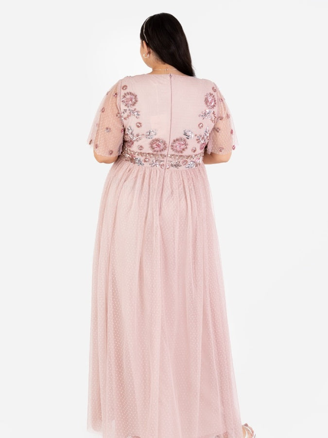 Maya Blush Floral Embellished Spot Mesh Maxi Dress